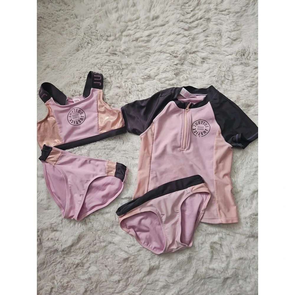 Justice Girls Swimsuit Lot Size M 10 Rash Guard Bikini 4 Pc Athletic Pink Black